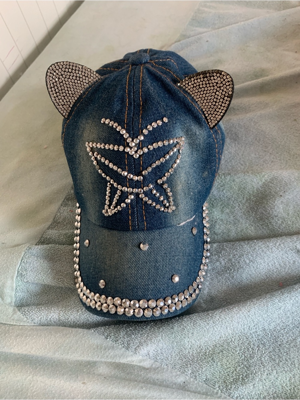 Rhinestone Denim Cat-Ear Kids Cap - Blue